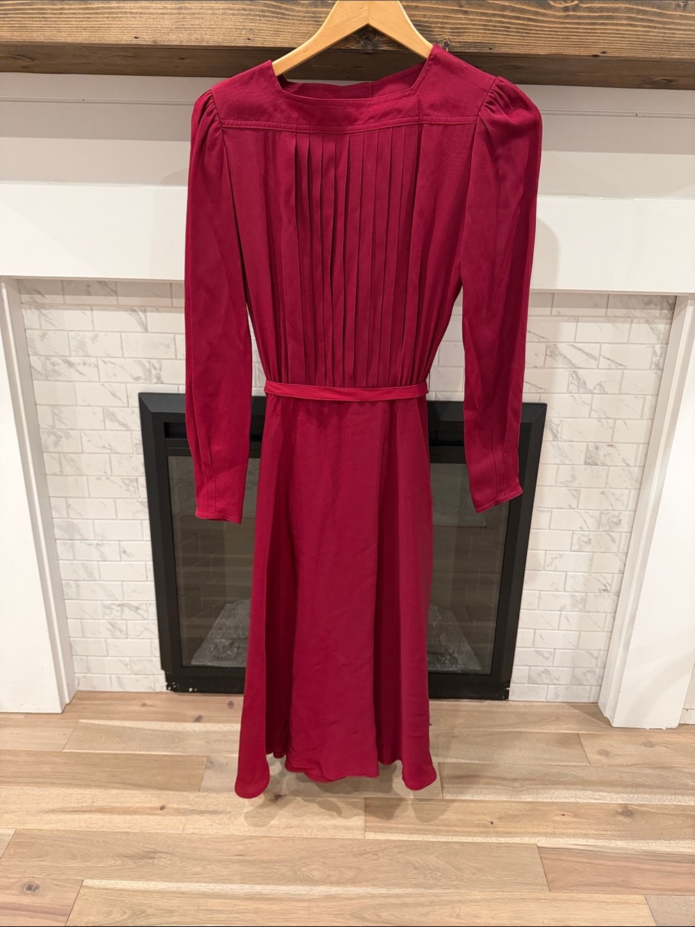 Vintage Nipon Boutique Deep Burgundy Pleated Long-Sleeve Midi Dress